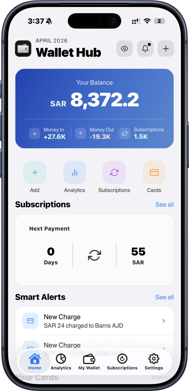 Wallet Hub app — Home screen on iPhone